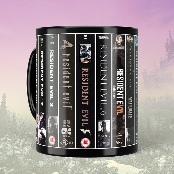 Tasse à café noire VHS rétro Resident Evil, jeux d'horreur, cadeaux pour lui, cadeaux pour les intellos, cadeaux pour gamers, tasse de jeu, tasse d'horreur, classique