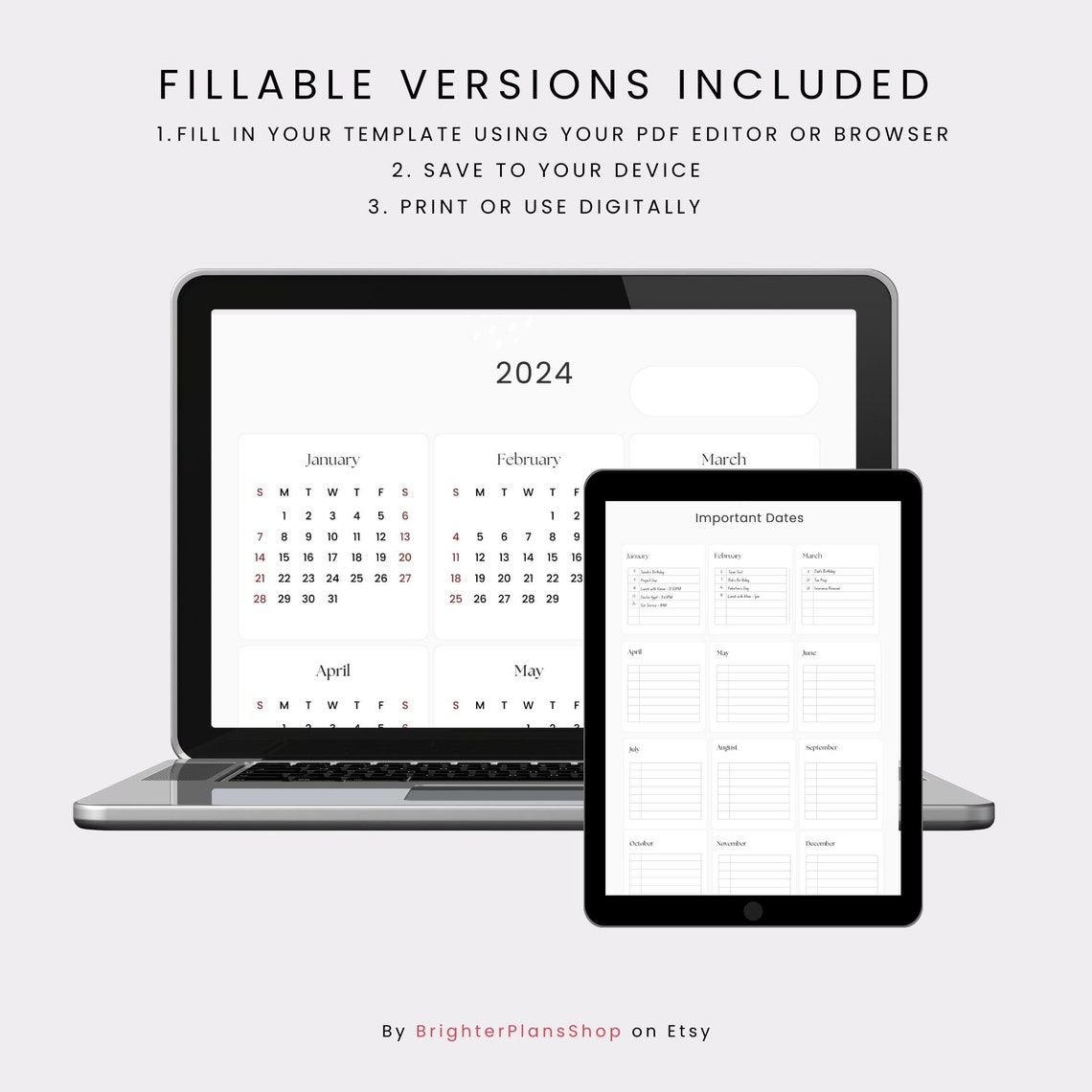 2024 Calendar and Important Dates Page Printable A4/letter Etsy