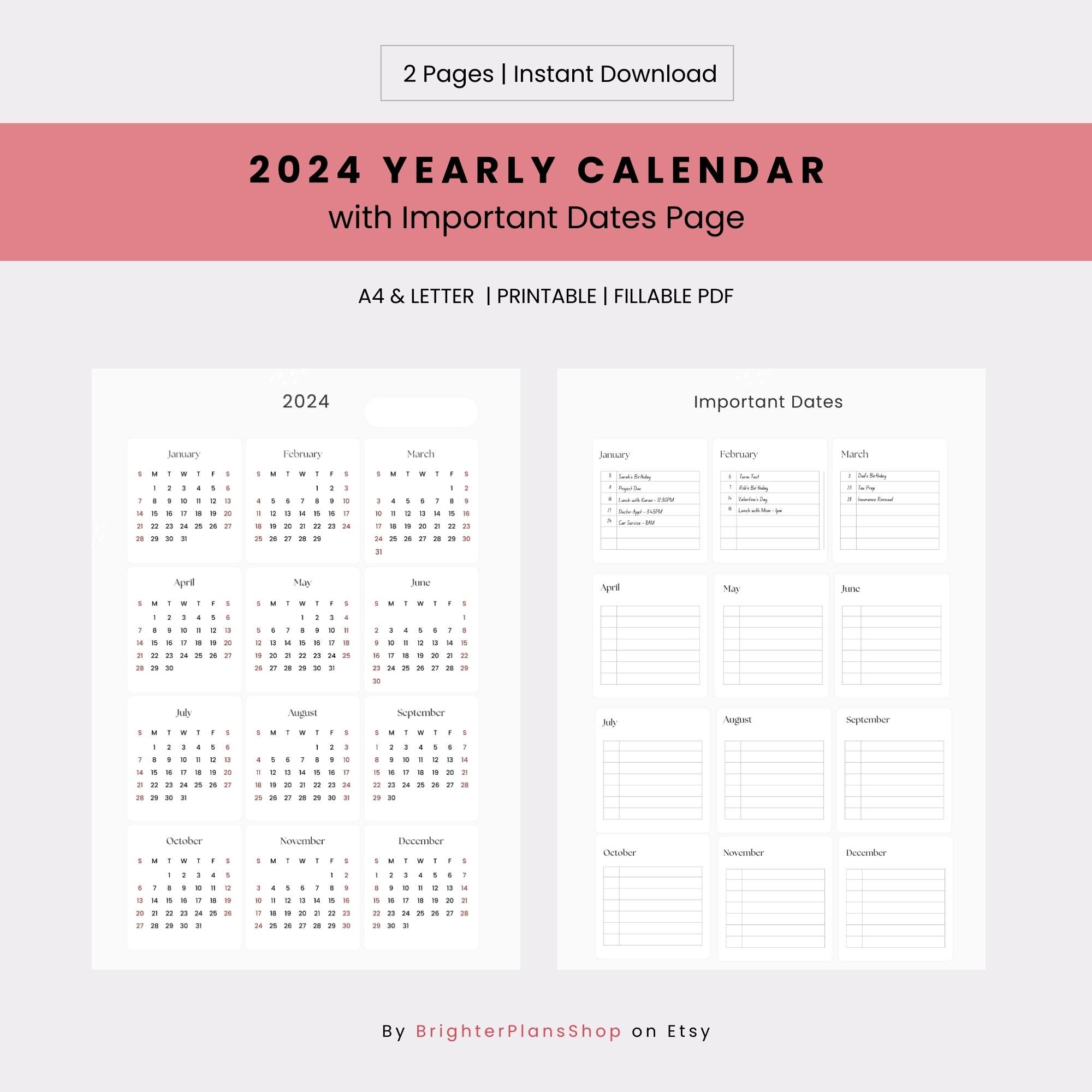 2024 Calendar and Important Dates Page Printable A4/letter Etsy