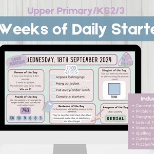 May include: A digital screen displaying a daily starter activity for upper primary students. The screen shows a Wednesday date, 18th September 2024, and includes activities like "Person of the Day", "Puzzle of the Day", "Sentence of the Day", and "Anagram of the Day".