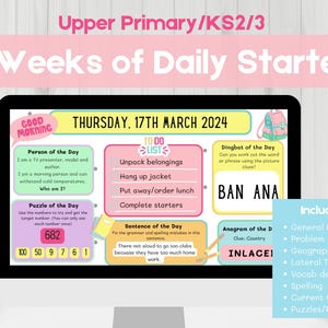 Puede incluir: Una pantalla digital colorida en una computadora portátil muestra una actividad de inicio diaria para estudiantes de primaria superior. La pantalla está dividida en secciones con encabezados como "Persona del día", "Rompecabezas del día", "Frase del día" y "Anagrama del día". La pantalla incluye una lista de tareas pendientes, un rompecabezas de palabras y una oración con una regla gramatical. Una tarjeta separada enumera las habilidades incluidas en las actividades de inicio diarias, como el conocimiento general, la resolución de problemas, la geografía y el pensamiento lateral.