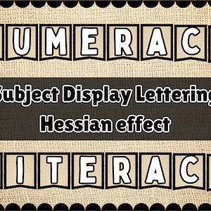 Puede incluir: Un fondo de arpillera con las palabras "NUMERACY" y "LITERACY" en letras blancas con contorno negro. El texto "Subject Display Lettering Hessian effect" está en negro sobre un fondo marrón.