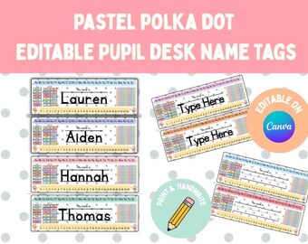 Puede incluir: Etiquetas de nombre de escritorio para alumnos editables con lunares pastel. Las etiquetas presentan nombres como Lauren, Aiden, Hannah y Thomas, con espacio para escribir un nombre. El diseño incluye elementos coloridos y el texto "Editable on Canva."