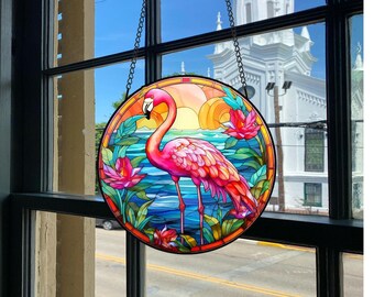 Flamingo raam Suncatcher hangend, Flamingo raam hangend decor, muur kunst decoratie geschenken, Suncatcher ornament