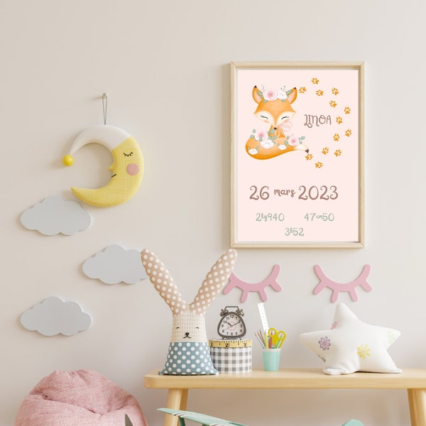 Personalized birth poster fox-birth gift-room decoration