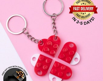 Customizable Lego Heart Shaped Keychain Set of 2 - Perfect Couple Keychain - Heart Keyring for Him and Her - Heart Keychain Set Gift