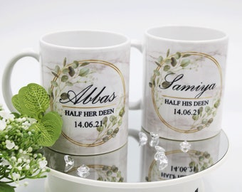 Half his /her deen mugs, mr & mrs mugs, islamic wedding mug gift set, islamic wedding hamper gift, couple gift, nikkah gift, arabic mugs