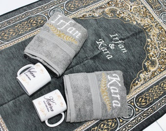 Personalised prayer mat & wudhu towel set personalised prayer  salah rug, islamic nikkah set, couple mat prayer set, islamic wedding hamper