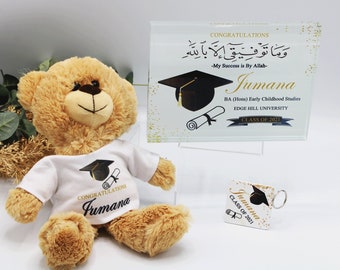 Personalised i muslim graduation frame gift, graduation teddy bear, graduation keyring, my success is by allah frame