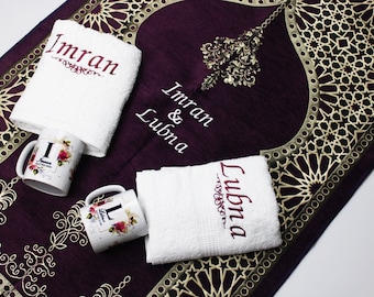 Personalised prayer mat & wudhu towel set personalised prayer rug, islamic nikkah set, couple mat prayer set, islamic wedding hamper purple