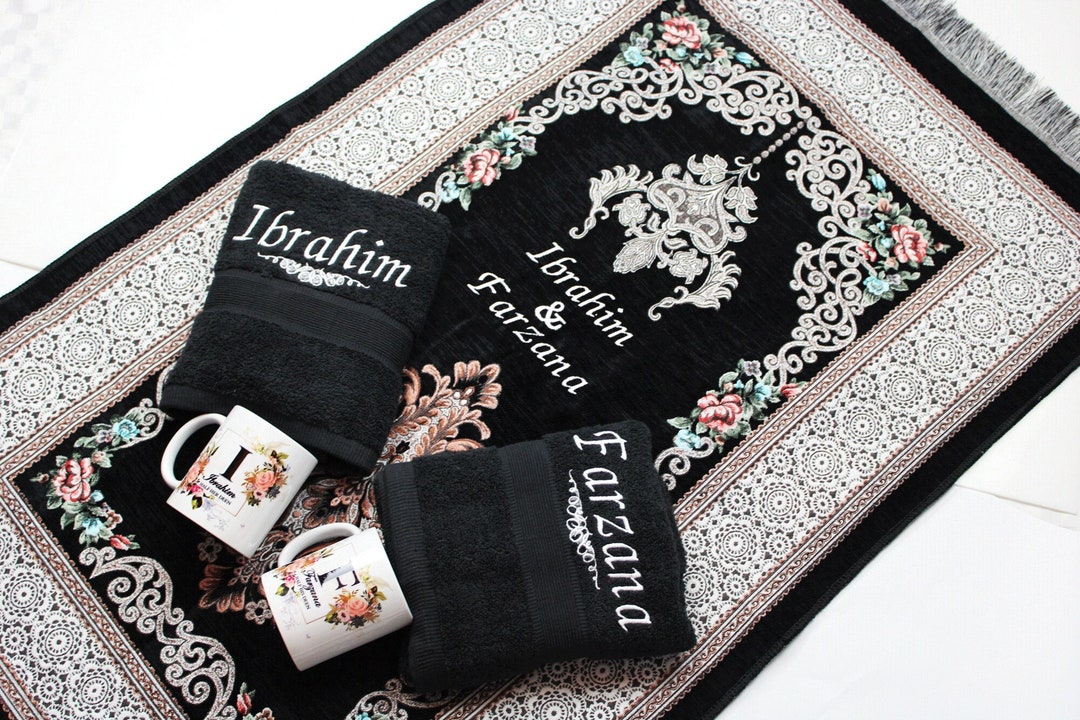 Personalised Prayer Mat & Wudhu Towel Set Personalised Prayer Salah Rug