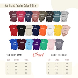 May include: A color chart for youth and toddler t-shirts, featuring various colors like red, black, and blue. The chart includes size and measurement details in inches for both youth and toddler sizes. The text "Youth and Toddler Color & Size" is at the top.