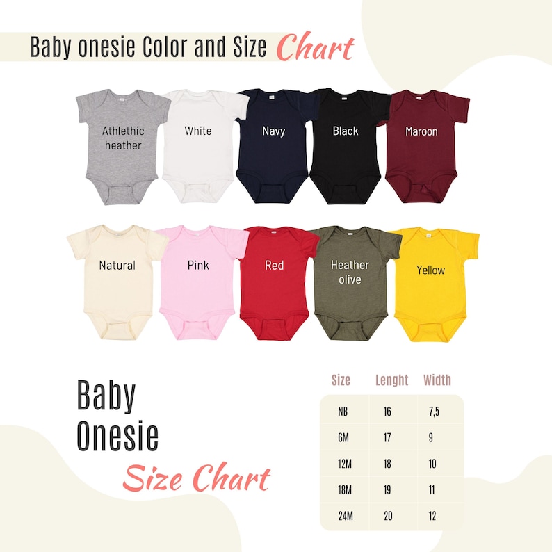 May include: A baby onesie color and size chart. The chart displays onesies in various colors, including athletic heather, white, navy, black, maroon, natural, pink, red, heather olive, and yellow. A size chart is also included.