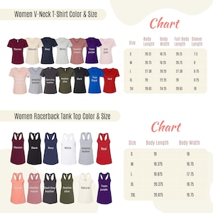 May include: A chart displaying Women's V-Neck T-Shirt and Racerback Tank Top color options and sizes. The V-neck shirts come in various colors, including maroon, navy, and red. The racerback tank tops also offer a range of colors, with size charts for each style.