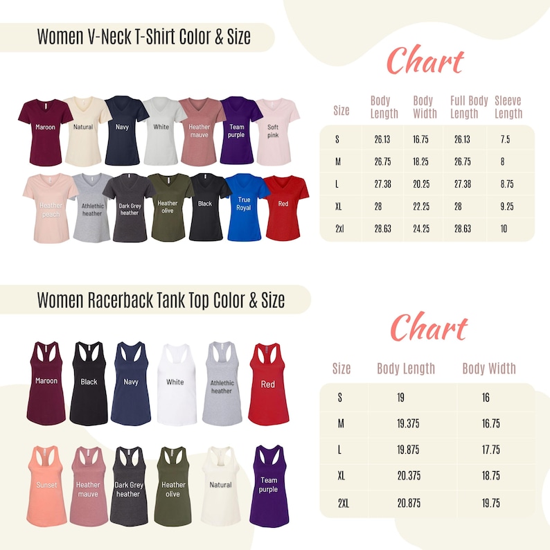 May include: A chart displaying Women's V-Neck T-Shirt and Racerback Tank Top color options and sizes. The V-neck shirts come in various colors, including maroon, navy, and red. The racerback tank tops also offer a range of colors, with size charts for each style.