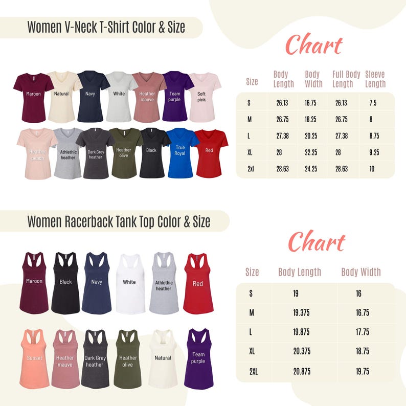 以下が含まれることがあります： 女性用VネックTシャツとレーサーバックタンクトップの色とサイズのオプションを示すチャート。 Tシャツは、マルーン、ネイビー、レッドなど、さまざまな色で利用できます。 チャートには、各サイズの体の長さと幅の測定値がセンチメートルで示されています。