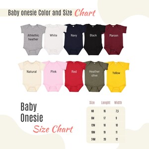May include: A baby onesie color and size chart. The chart displays onesies in various colors, including athletic heather, white, navy, black, maroon, natural, pink, red, heather olive, and yellow. A size chart is also included.