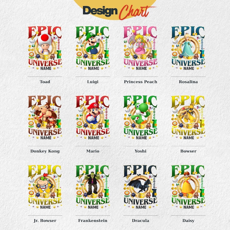 May include: A design chart featuring twelve distinct circular emblems, each showcasing a different character from the Super Mario universe, including Toad, Luigi, Peach, Rosalina, Donkey Kong, Mario, Yoshi, Bowser, Bowser Jr., Frankenstein, Dracula, and Daisy.