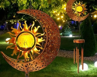 Carillons éoliens solaires en forme de boule de verre craquelée avec tubes en métal imperméables, décoration extérieure, décoration de jardin, carillons éoliens soleil lune