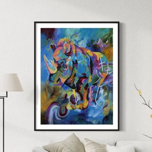 Rhinoceros Acrylic Painting Giclee Print by Natalie Carmella, signed by artist | Wildlife Art, Home Decor, Animals Lover Gift