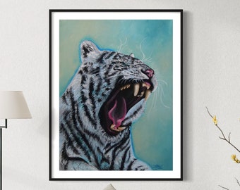 White Bengal Tiger Art Print Signed Wildlife Art by Natalie Carmella