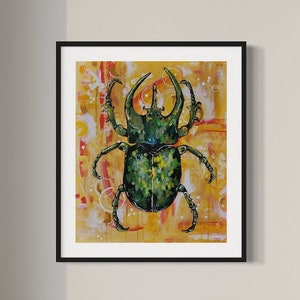 Hercules Beetle Acrylic Painting Giclee Print by Natalie Carmella signed by artist | Insect Art, Wildlife Art, Home Decor, Insect Lover Gift