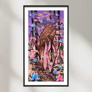 Baby Deer Reflection Acrylic Painting Giclee Print by Natalie Carmella, signed by artist | Wildlife Art, Home Decor, Animals Lover Gift