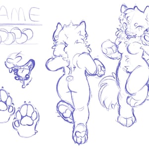 May include: A blue pencil sketch of a furry character in two poses, with a paw print and other design elements. The word "NAME" is written at the top. The character has a fluffy tail and paws.