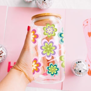Groovy floral iced coffee glass cup spring floral glass can bamboo lid and straw beer can glass flower cup gift for her trendy glass can cup