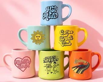 Gepersonaliseerde retro diner mok, koffiemok voor mevrouw, cadeau voor koffieliefhebbers, vintage decoratie, restaurantmok, mok met merklogo, koffiemok voor nieuwe moeders