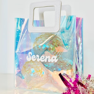 Personalized Tote Clear Gift Bag Custom Bridesmaid Proposal Gift Bag Bachelorette Party Favor Bag Iridescent Girls Trip Beach Bag Clear Gift