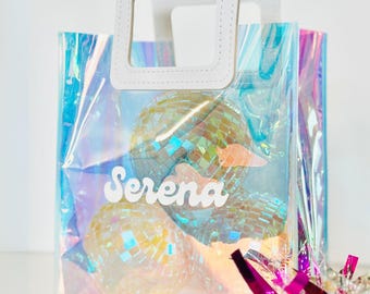 Personalized Tote Clear Gift Bag Custom Bridesmaid Proposal Gift Bag Bachelorette Party Favor Bag Iridescent Girls Trip Beach Bag Clear Gift