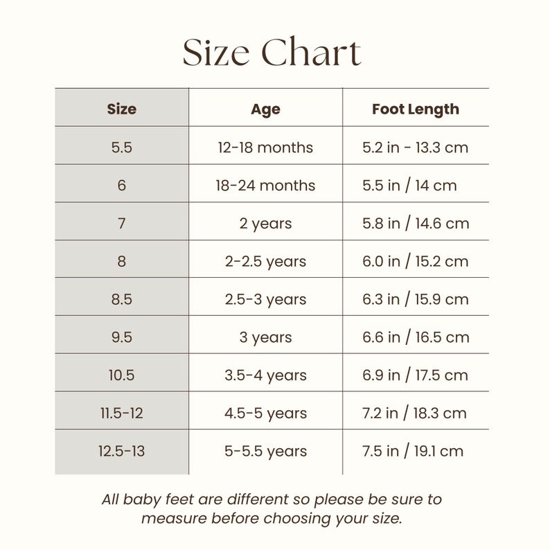 May include: A size chart for baby shoes, with size, age, and foot length in inches and centimeters. Sizes range from 5.5 to 13, covering ages from 12 months to 5.5 years. The chart includes a note to measure baby feet before choosing a size.