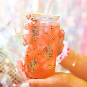 Trendy boho cactus glass can cup cactus lover gift for her trendy beer glass aesthetic iced coffee cup boho western beer can glass trendy