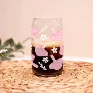 Mushroom iced coffee cup daisy can glass bamboo lid and straw beer can glass cottagecore cup gift for her trendy mushroom coquette glass can