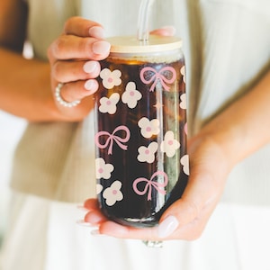 Coquette iced coffee glass can cup pink bow glass can bamboo lid and straw beer can glass pink bow cup gift for her trendy coquette decor