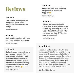 以下が含まれることがあります： Etsyのレビューのスクリーンショット。「Reviews」の文字が左上に金色で表示されています。レビューは検証済みの購入者からのもので、製品の品質、配送、カスタマイズに関するコメントが含まれています。