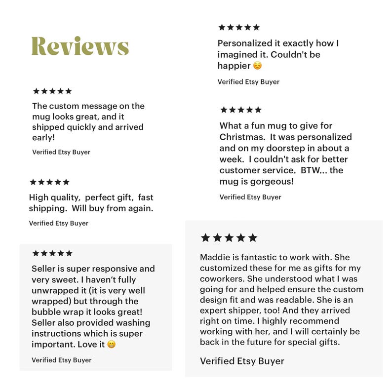 以下が含まれることがあります： Etsyのレビューのスクリーンショット。「Reviews」の文字が左上に金色で表示されています。レビューは検証済みの購入者からのもので、製品の品質、配送、カスタマイズに関するコメントが含まれています。