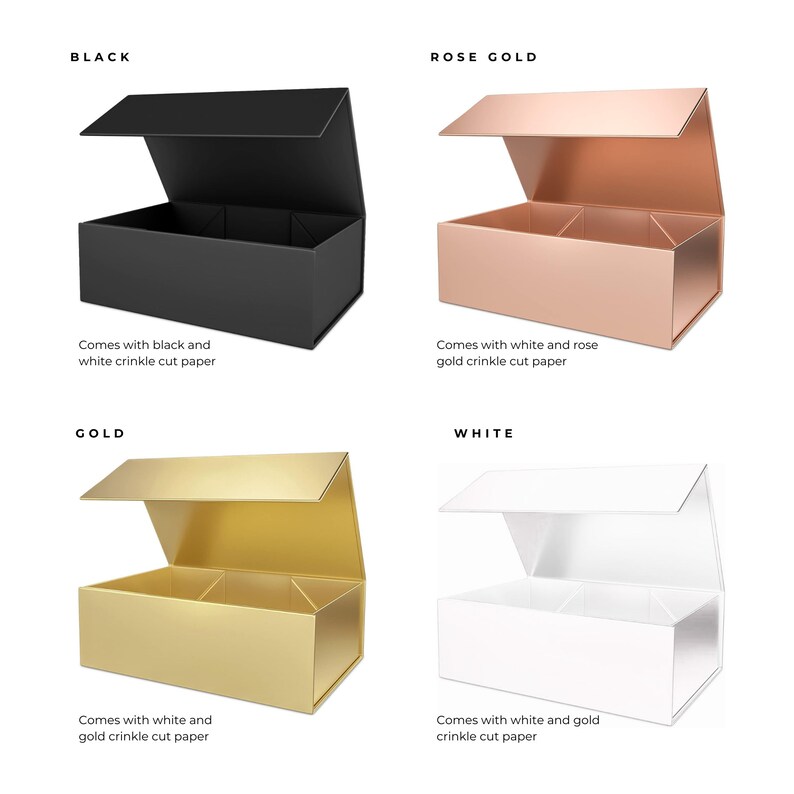 Peut inclure: Quatre bo&icirc;tes cadeaux en noir, or rose, or et blanc, chacune avec un couvercle &agrave; fermeture magn&eacute;tique. La bo&icirc;te noire comprend du papier froiss&eacute; noir et blanc. Les bo&icirc;tes or rose, or et blanc comprennent du papier froiss&eacute; blanc et or.