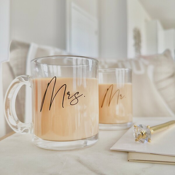 Mr and mrs glass coffee mug engagement gift for couple clear glass coffee mug gift for her wedding gift for couple mr and mrs gift box