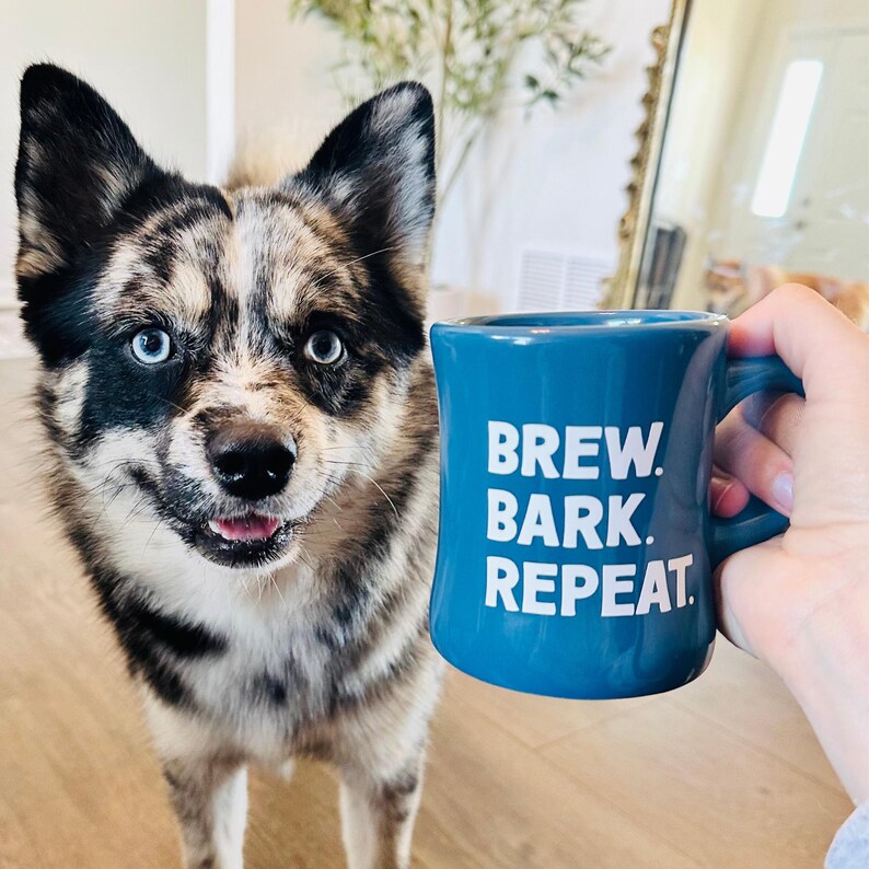 以下が含まれることがあります： 「BREW. BARK. REPEAT」の白い文字が入った青いセラミックマグが、青い目とマルチカラーの毛並みを持つ犬の近くに持たれています。犬はカメラを見ています。