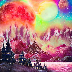 Puede incluir: Una vibrante pintura de paisaje de fantasía que presenta una escena celestial con múltiples planetas, un cielo de arcoíris y una cordillera. Castillos azul oscuro con ventanas iluminadas en primer plano. La obra está firmada en la esquina inferior derecha.