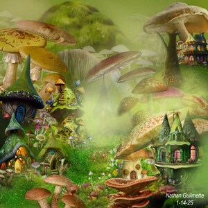 Puede incluir: Una obra de arte digital fantástica que representa un paisaje con setas de gran tamaño y casas de setas en miniatura. La paleta de colores incluye verdes, marrones y amarillos, creando una escena de bosque mágico. La obra está firmada "Nathan Guilmette 1-14-25".