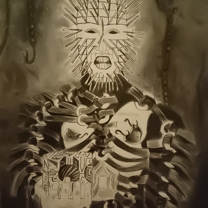 May include: A grayscale drawing of a character with pins in their head and face, holding a puzzle box. The character has an open mouth and is surrounded by chains and hooks. The artwork is signed "Nathan Guilmette 2-15-22".