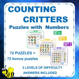 May include: A colorful printable worksheet set for kids called "Counting Critters" with 72 puzzles and 72 bonus puzzles. The set includes three levels of difficulty and answers are included. The worksheet features a grid with animals and numbers.