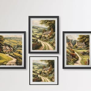 English Countryside Art Prints Set | Distressed Traditional Landscape Wall Art | Cottage Village scenes - Digital Download Gallery Wall