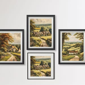 English Countryside Art Prints Set | Distressed Traditional Landscape Wall Art | Cottage Village scenes - Digital Download Gallery Wall