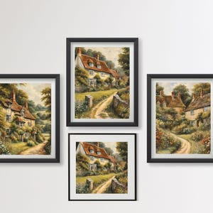English Countryside Art Prints Set | Distressed Traditional Landscape Wall Art | Cottage Village scenes - Digital Download Gallery Wall