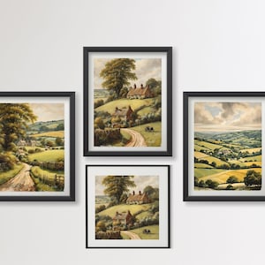 English Countryside Art Prints Set | Distressed Traditional Landscape Wall Art | Cottage Village scenes - Digital Download Gallery Wall