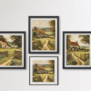 English Countryside Art Prints Set | Distressed Traditional Landscape Wall Art | Cottage Village scenes - Digital Download Gallery Wall